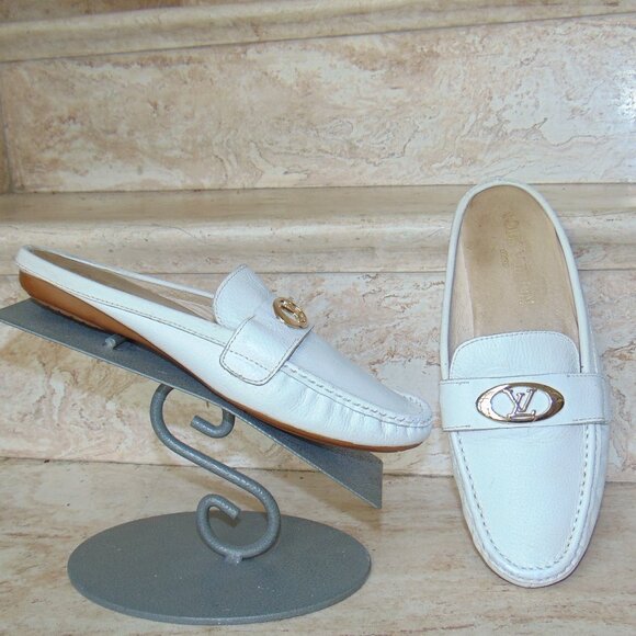 Vintage LOUIS VUITTON LOAFERS FLATS Slides white LEATHER Preppy Classiccore 7.5 - Picture 1 of 16
